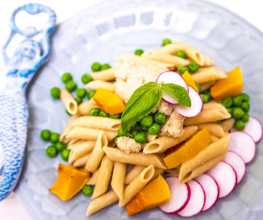 Penne Pasta with Peas, Butternut Squash and Almond Ricotta